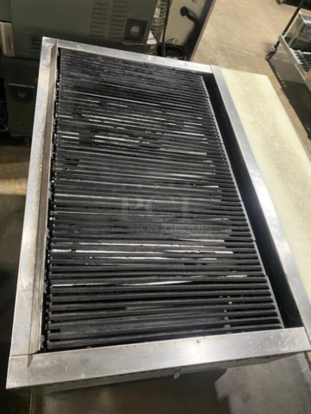 Bakers Pride Commercial Countertop Natural Gas Powered 48 Inch Char Broiler Grill! On Commercial 60 Inch Equipment Stand! With Underneath Storage Space! All Stainless Steel! Model XX8 Serial 592381707002! On Casters! Working When Removed! - Image 5 of 9