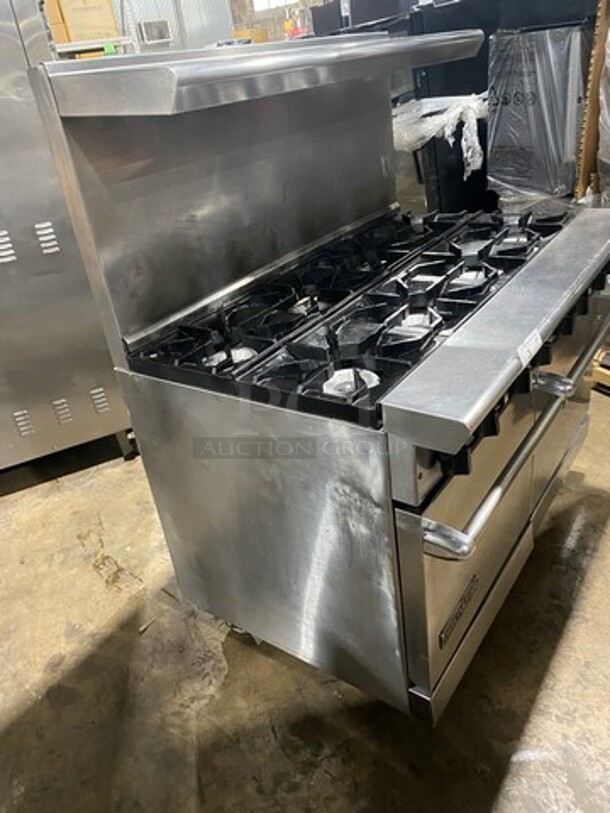 American Range Commercial Natural Gas Powered 8 Burner Stove! With Raised Back Splash And Salamander Shelf! With 2 Oven Underneath! Metal Oven Racks! All Stainless Steel! On Casters! - Image 2 of 10