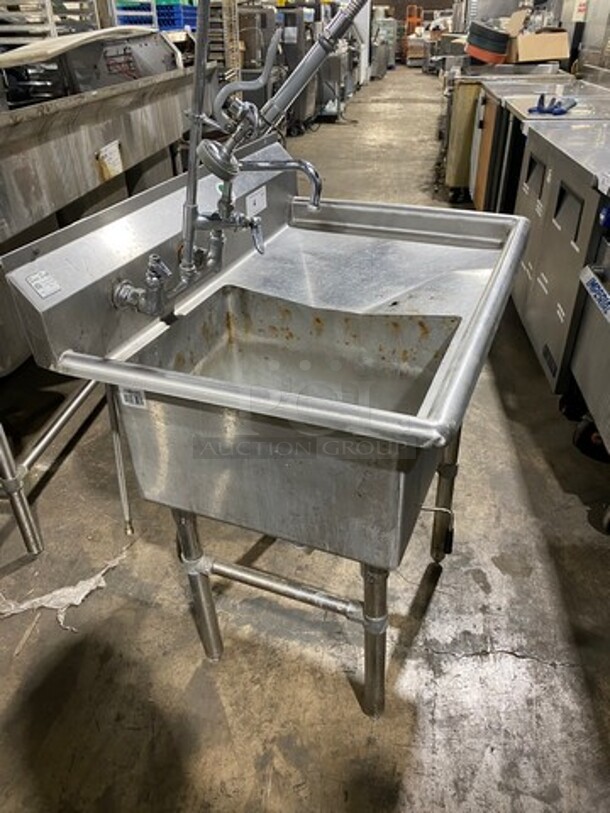 Sani Safe Commercial Single Compartment Dish Washing Sink! With Single Side Drain Board! With Jet Spray Assembly, Faucet And Handles! All Stainless Steel! On Legs! (Measurements Are With Out Jet Spray) - Image 2 of 9