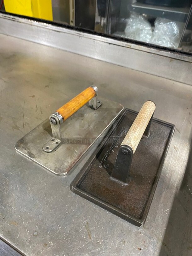 GREAT! Star Commercial Natural Gas Powered Flat Griddle! On Equipment Stand! With Back & Side Splashes! With Underneath Storage Space! With Weighted Wood Handle Meat/Hamburger Press! On Legs! WORKING WHEN REMOVED! - Image 6 of 8
