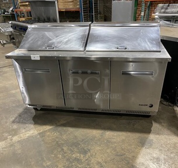 Fagor Commercial Refrigerated Sandwich Prep Table! With 3 Door Storage Space Underneath! Poly Coated Racks! All Stainless Steel! On Casters! Model: FMT7230 SN: 08090076M 120V 60HZ 1 Phase - Image 1 of 8