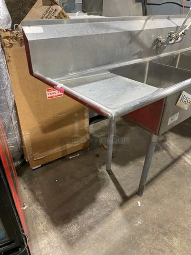 Commercial 3 Compartment Dish Washing Sink! With Single Side Drain Board! With Jet Spray Assembly! With Back Splash! On Legs! - Image 4 of 7