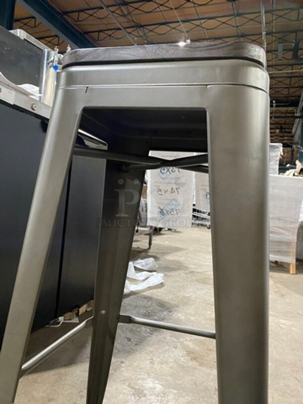 BRAND NEW! Astor Matte Platinum Clear Coated Finish Heavy Duty Metal Bar Height Stools! With Walnut Seat Top! With Footrest! 5 x Your Bid! - Image 8 of 10