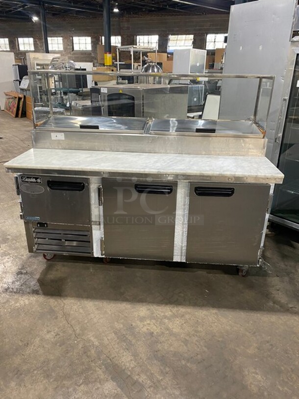 NICE! LATE MODEL 2017! Leader Commercial Refrigerated Pizza Prep Table! With Sneeze Guard! With Marble Commercial Cutting Board! With 3 Door Storage Space Underneath! All Stainless Steel! Model: ESPT72SC SN: NA04M1815 115V 60HZ 1 Phase