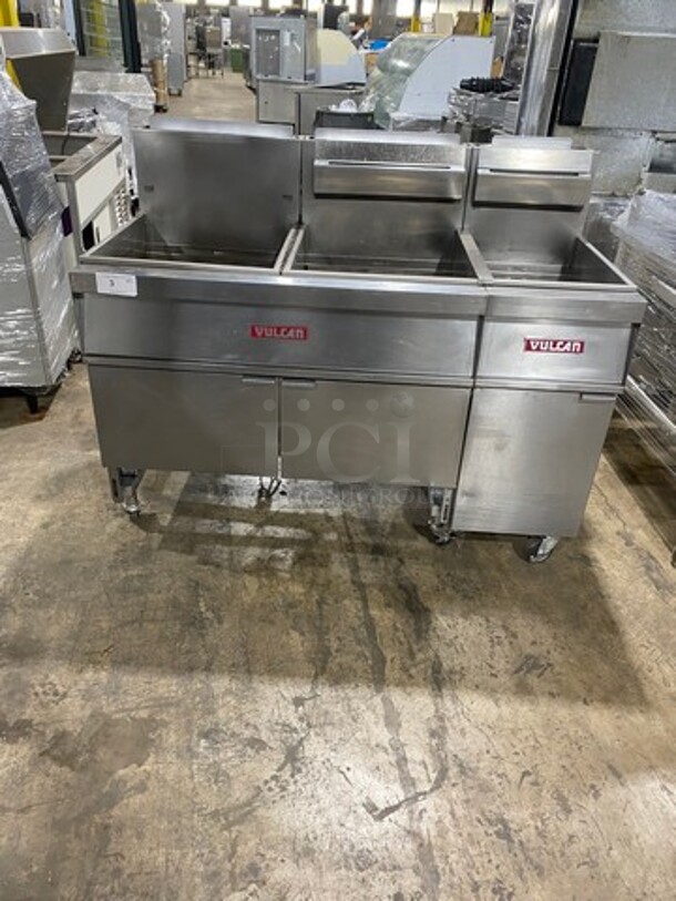 WOW! Vulcan Commercial Natural Gas Powered 3 Bay Deep Fat Fryer! All Stainless Steel! On Casters! Model: 3GR65F SN: 481533671