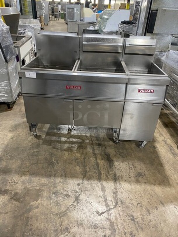 WOW! Vulcan Commercial Natural Gas Powered 3 Bay Deep Fat Fryer! All Stainless Steel! On Casters! Model: 3GR65F SN: 481533671 - Image 1 of 11