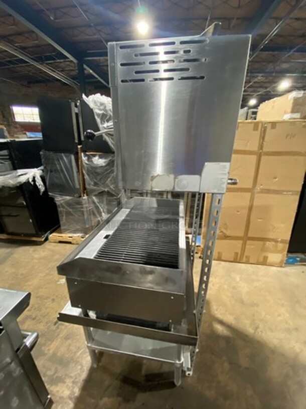 WOW! AMAZING FIND! L & J Commercial Natural Gas Powered Char Broiler Grill! With Back And Side Splashes! On Small Legs! With Overhead Natural Gas Powered American Range Cheese Melter! On Equipment Stand! With Storage Space Underneath! All Stainless Steel! On Legs! - Image 4 of 12