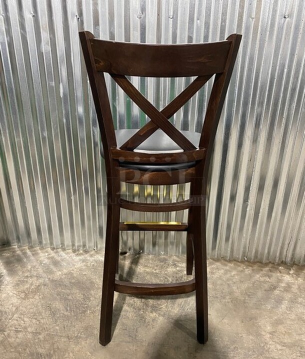 WOW! New! Solid Beech Wood Cross Back Commercial Bar Stool! In Cherry Wood With Black Vinyl Seat! 3x Your Bid! - Image 3 of 7