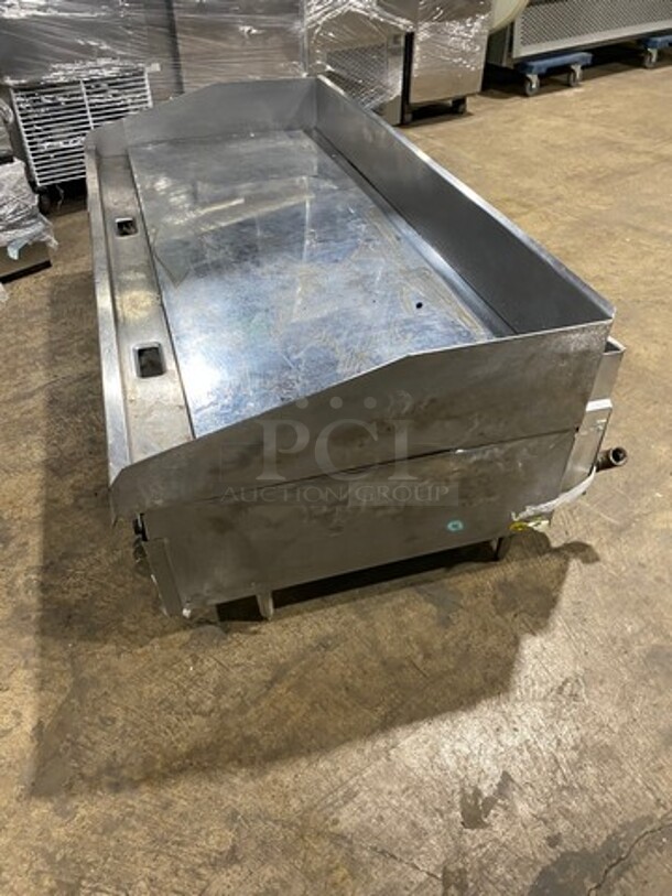 AWESOME!  LATE MODEL! LANG Commercial Countertop Natural Gas Powered Thermostatic Controlled Mirror Shine 60 Inch Flat Top Griddle! With Back And Side Splashes! All Stainless Steel! - Image 2 of 10