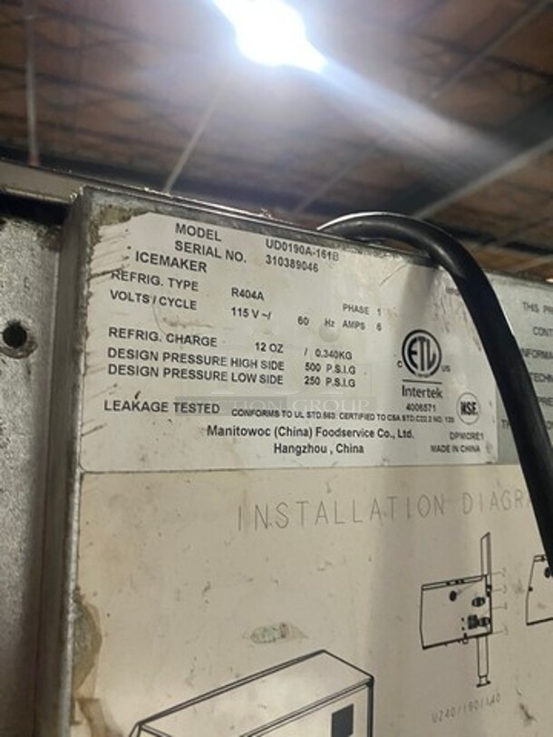 Manitowoc Commercial Undercounter Ice Maker Machine! All Stainless Steel! On Legs! Model: UD0190A161B SN: 310389046 115V 60HZ 1 Phase - Image 4 of 8