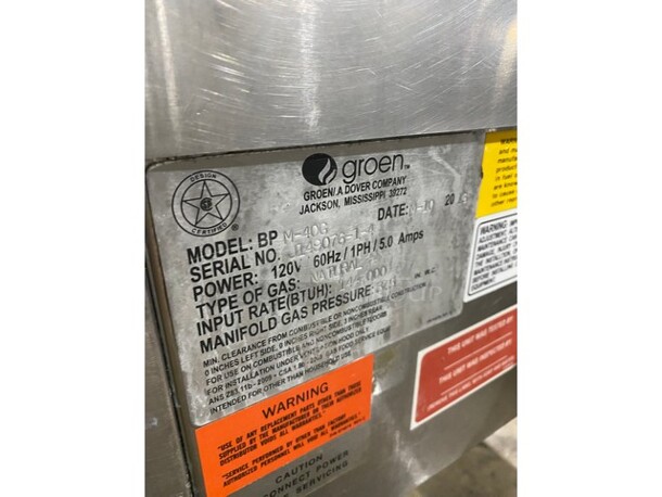 WOW! Groen Natural Gas Powered ECLIPSE SERIES Tilted Braising Pan/Tilt Skillet! All Stainless Steel! Thermostatic Control! Model BPM40G Serial J14907615! On Legs!  - Image 7 of 8