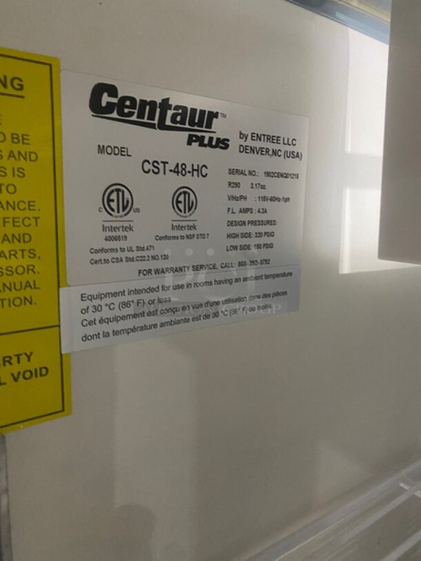 LATE MODEL! 2019 Centaur Commercial Refrigerated Bain Marie/Sandwich Prep Table! With Full Length Cutting Board! With Poly Coated Racks! With 2 Door Refrigerated Storage! On Casters! 115V 1 Phase! Model CST-48-HC Serial 1902CENQ01215! Working When Removed!
 - Image 7 of 9