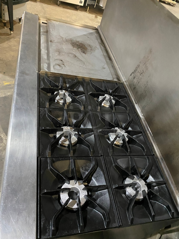 SWEET! Imperial Commercial Natural Gas Powered 6 Burner Stove With Left Side Flat Top Griddle! 2 Full Size Ovens Underneath! With Metal Oven Racks! Left Side Splash And Raised Back Splash! All Stainless Steel! On Casters! - Image 5 of 11