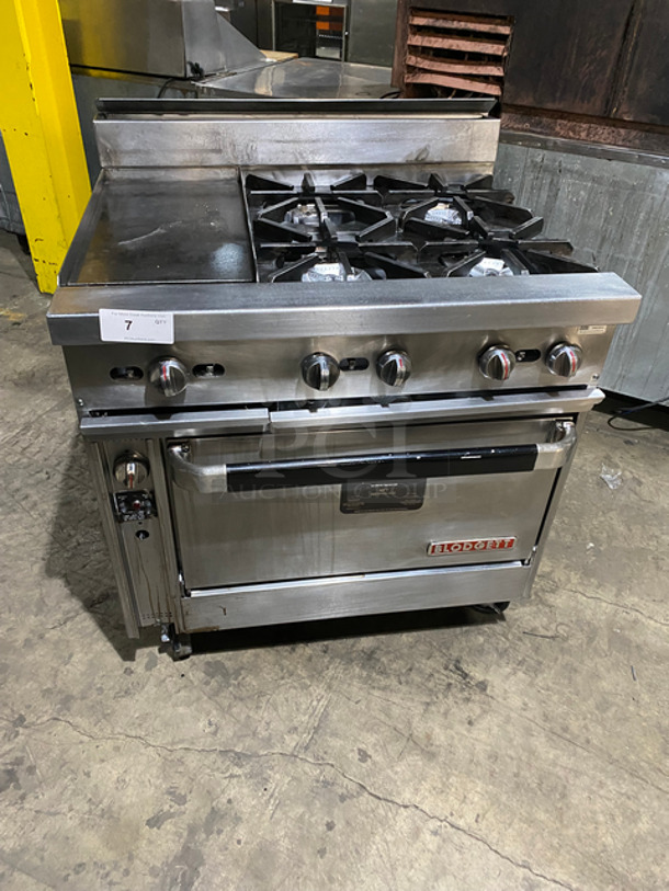 WOW! Jade Range By Blodgett Commercial 4 Burner Stove! With Left Side Flat Top! With Backsplash! With Under neath CONVECTION Oven Underneath! Metal Oven Rack! All Stainless Steel! - Image 1 of 12