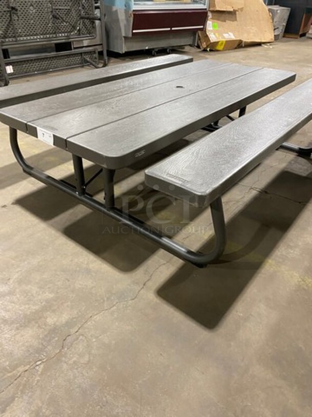NICE! Lifetime Wooden Pattern Poly Picnic Table! With Dual Side Bench Seats! With Foldable Legs! - Image 2 of 7