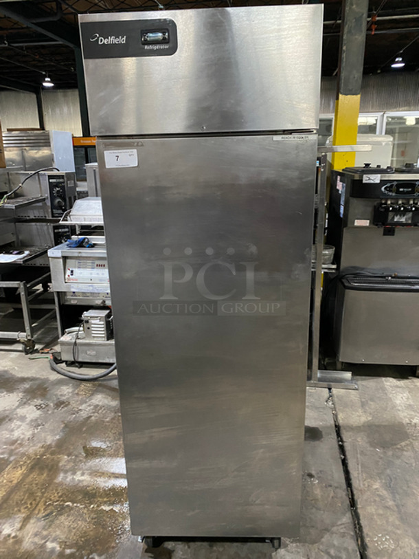 COOL! Delfield Commercial Single Door Reach In Refrigerator! With Poly Coated Racks! Solid Stainless Steel! On Casters! Model: GBR1PSPP2 SN: 1120307559 115V 60HZ 1 Phase