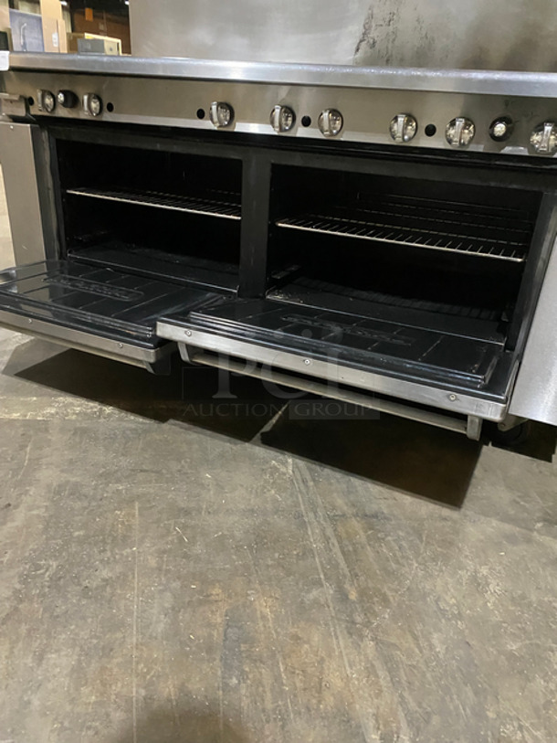SWEET! Imperial Commercial Natural Gas Powered 6 Burner Stove With Left Side Flat Top Griddle! 2 Full Size Ovens Underneath! With Metal Oven Racks! Left Side Splash And Raised Back Splash! All Stainless Steel! On Casters! - Image 9 of 11