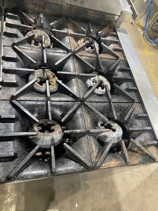 SUNFIRE Stainless Steel Commercial Natural Gas Powered 6 Burner Range W/ Raised Right Side Flat Top Griddle & Cheese Melter! With Raised Backsplash And 2 Full Size Ovens! On Legs!  - Image 5 of 9