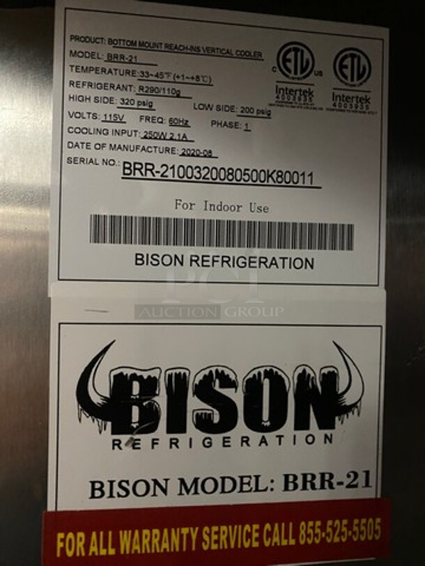 LATE MODEL! 2020 Bison Commercial Single Door Reach In Cooler! Poly Coated Racks! All Stainless Steel! On Casters! Model: BRR21 SN: BRR2100320080500K80011 115V 60HZ 1 Phase! Working When Removed! - Image 6 of 10