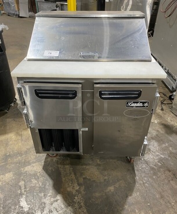 LATE MODEL! 2017 Leader Commercial Refrigerated Sandwich Prep Table! With 2 Door Underneath Storage Space! With Commercial Cutting Board! All Stainless Steel! On Casters! Model: LM36 SN: GA03M0902A 115V 60HZ 1 Phase - Image 1 of 10