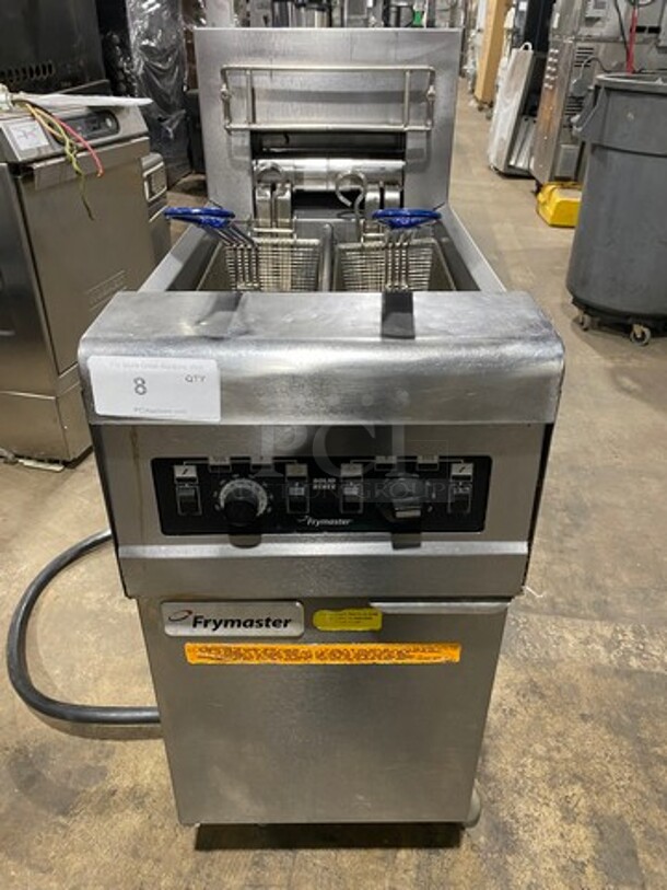 Frymaster Commercial Electric Powered Split Bay Deep Fat Fryer! With Metal Frying Baskets! All Stainless Steel! On Casters! Model: RE1142SE SN: 1508NA0057! 208V 60HZ 3 Phase! Working When Removed!