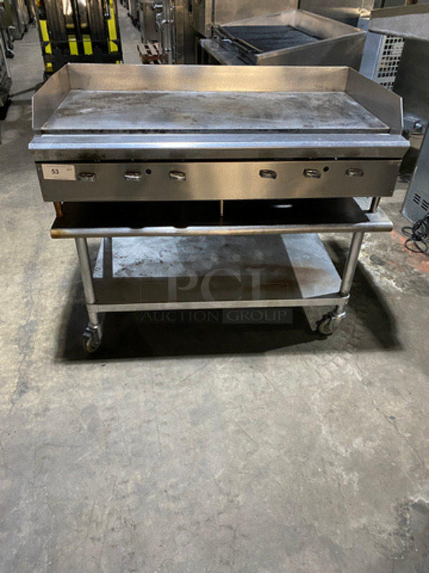 Commercial Countertop Natural Gas Powered Flat Top Griddle! With Back & Side Splashes! On Equipment Stand! With Underneath Storage Space! All Stainless Steel! On Casters!