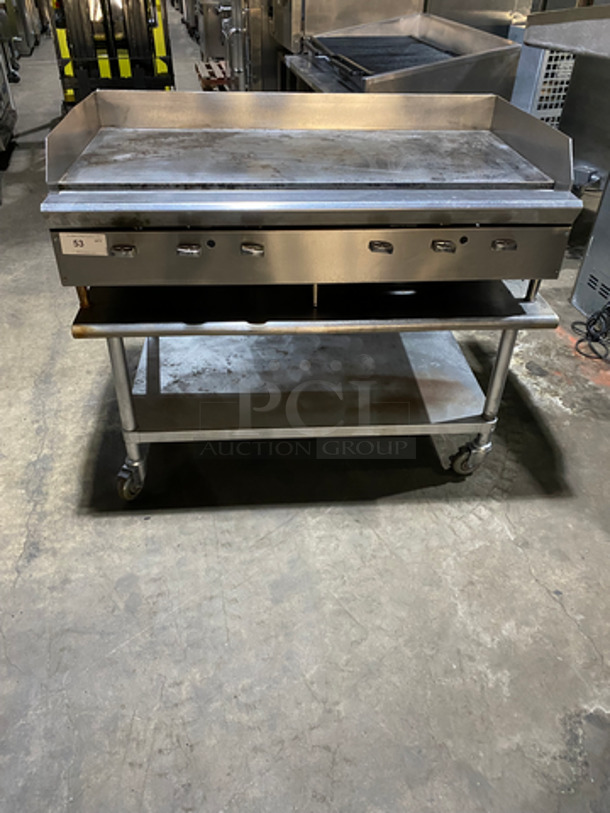 Commercial Countertop Natural Gas Powered Flat Top Griddle! With Back & Side Splashes! On Equipment Stand! With Underneath Storage Space! All Stainless Steel! On Casters! - Image 1 of 9