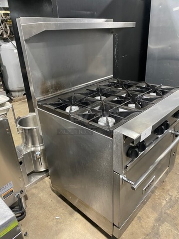 Vulcan Commercial Natural Gas Powered 6 Burner Stove! With Raised Back Splash And Salamander Shelf! With Oven Underneath! All Stainless Steel! Model: 36S6BN SN: 481938247 - Image 2 of 10