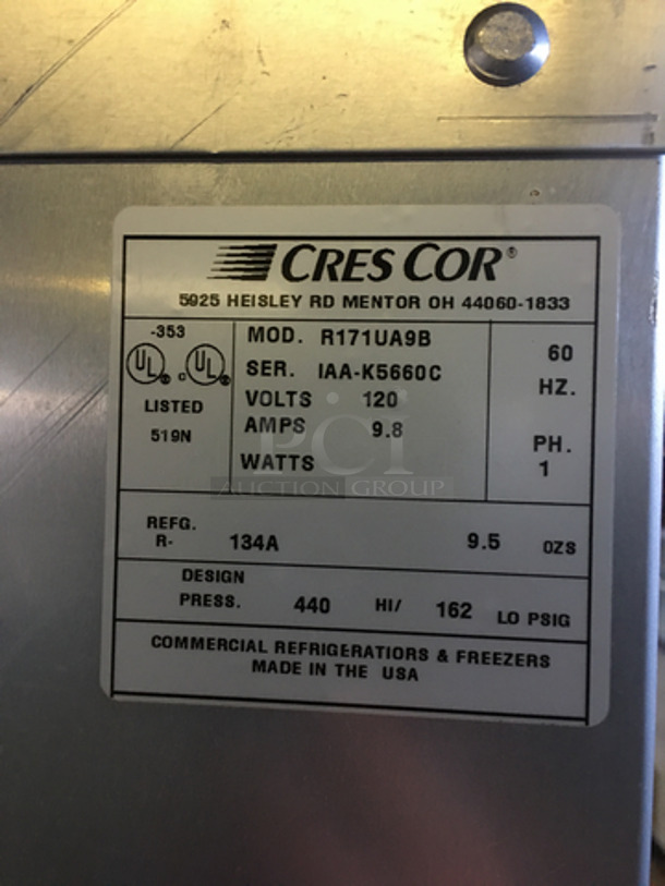 Cres Cor Commercial Refrigerated Mobile Food Cabinet! Holds Full Size Trays! With Rack Holders! All Stainless Steel! On Casters! Model: R171UA9B SN: IAA-K5660C 120V 60HZ 1 Phase - Image 8 of 9