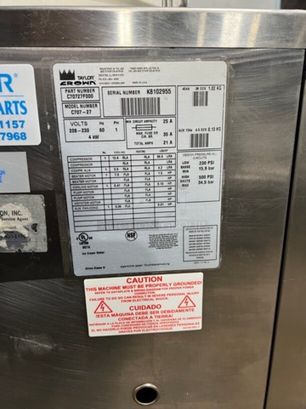 COOL! Taylor Commercial Single Handle Soft Serve Ice Cream Machine! All Stainless Steel! On Casters! Model: C70727 SN: K8102955 208/230V 60HZ 1 Phase - Image 10 of 12