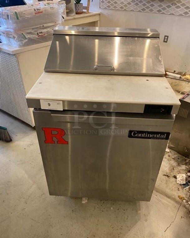 Continental Commercial Refrigerated Sandwich Prep Table! With Commercial Cutting Board! With Single Door Storage Space Underneath! All Stainless Steel! On Casters! WORKING WHEN REMOVED! Model: SW278 SN: 15858192 115V 60HZ 1 Phase