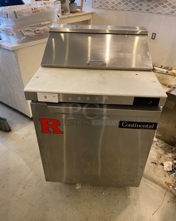 Continental Commercial Refrigerated Sandwich Prep Table! With Commercial Cutting Board! With Single Door Storage Space Underneath! All Stainless Steel! On Casters! WORKING WHEN REMOVED! Model: SW278 SN: 15858192 115V 60HZ 1 Phase - Image 1 of 9