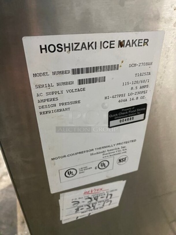 WOW! Hoshizaki Commercial Countertop Refrigerated Ice Maker/Dispenser And Water Dispenser! All Stainless Steel! With Legs! Model: DCM270BAH SN: T14252A 115/120V 60HZ 1 Phase - Image 5 of 8