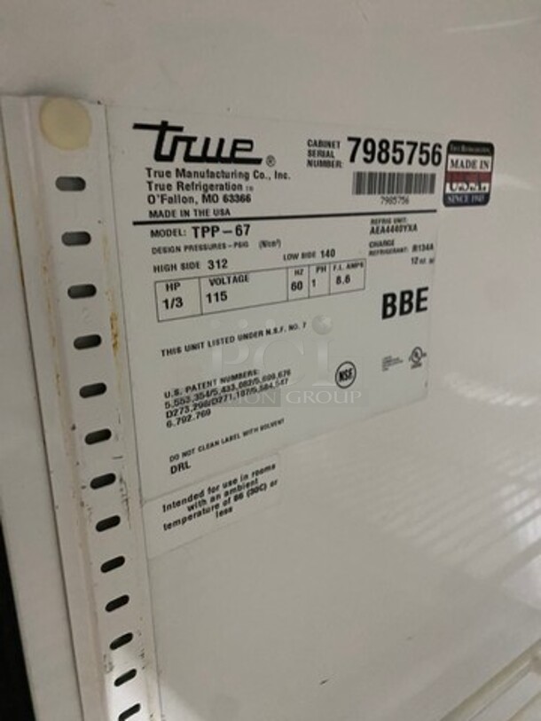 True Commercial Refrigerated Pizza Prep Table! With Commercial Cutting Board! With 2 Door Storage Space Underneath! Poly Coated Racks! All Stainless Steel! On Casters! Model: TPP67 SN: 7985756 115V 60HZ 1 Phase - Image 8 of 12