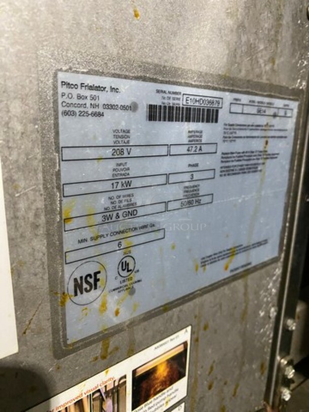 Pitco Frialator Commercial Electric Powered 2 Bay Deep Fat Fryer With Dump Station! With Oil Filter System! All Stainless Steel! On Casters! WORKING WHEN REMOVED! Model: SE14 SN: E10HD036879 208V 60HZ 3 Phase - Image 11 of 12