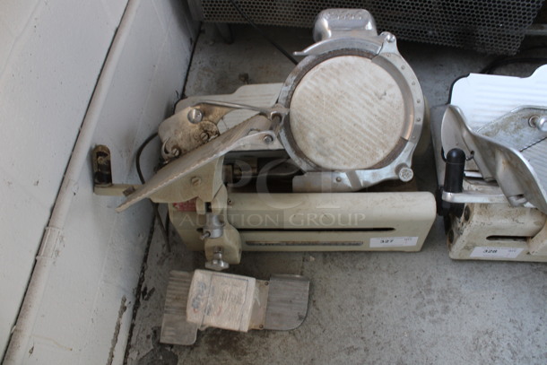 Globe Metal Commercial Countertop Meat Slicer w/ Blade Sharpener. For Parts. 25x20x20. Tested and Does Not Power On