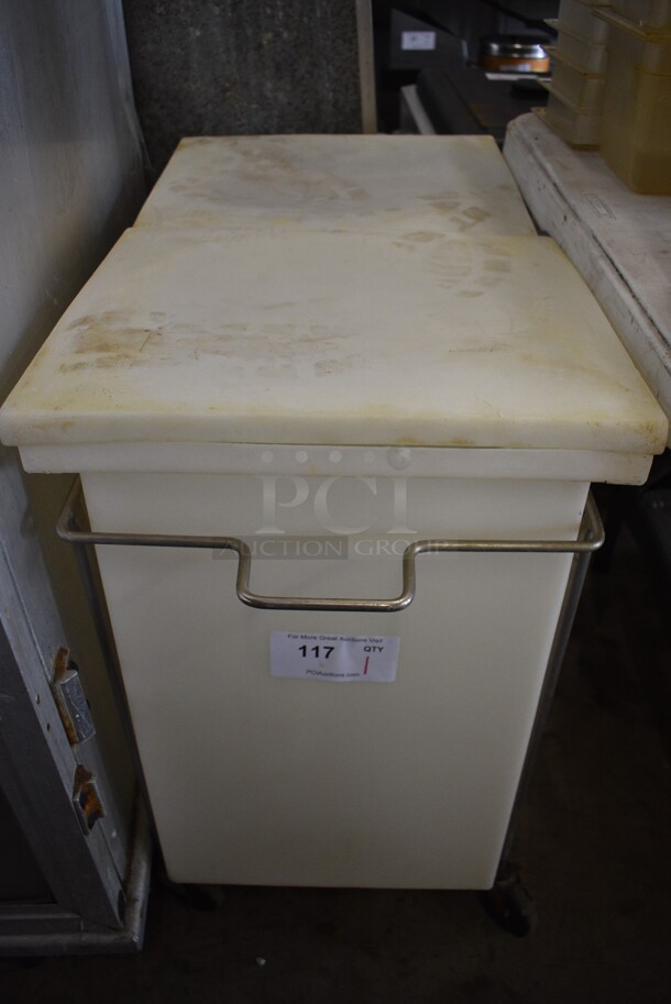 Two White Poly Ingredient Bins w/ Lids in Metal Frame on Commercial Casters. 16.5x33x29