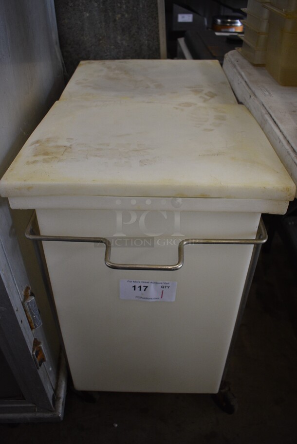 Two White Poly Ingredient Bins w/ Lids in Metal Frame on Commercial Casters. 16.5x33x29 - Image 1 of 5