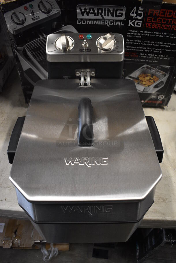 BRAND NEW IN BOX! Waring Model WDF1000 Stainless Steel Countertop Fryer w/ 3 Metal Fry Baskets and Lid. 120 Volts, 1 Phase.