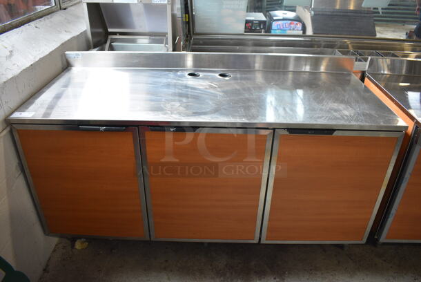 Duke Model SUB-P-72M Stainless Steel Commercial Counter w/ 3 Wood Pattern Doors. 72x30x40