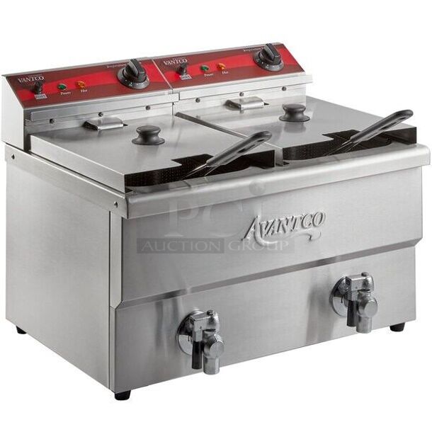 BRAND NEW! Avantco 177F202 Stainless Steel Commercial Countertop 30 lb. Dual Tank Medium-Duty Electric Powered Fryer w/ 2 Metal Baskets and 2 Lids. 208/240 Volts. 23x19x17. Tested and Working!