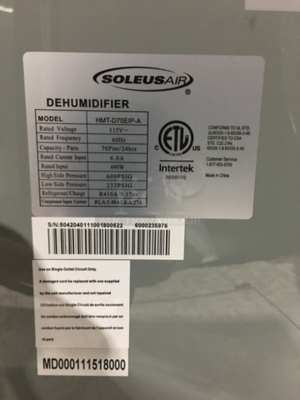 NEW! OUT OF THE BOX! SCRATCH-N-DENT! Soleus Air 70 Pint Portable Dehumidifier Unit! Model: HMTD70EIPA 115V - Image 6 of 7