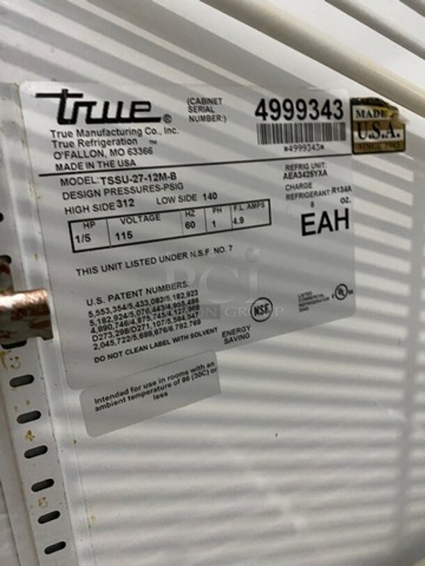 GREAT! True Commercial Refrigerated Sandwich Prep Table! With Single Door Storage Space Underneath! With Poly Coated Racks! All Stainless Steel! On Casters! Model: TSSU2712MB SN: 4999343 115V 60HZ 1 Phase - Image 7 of 10