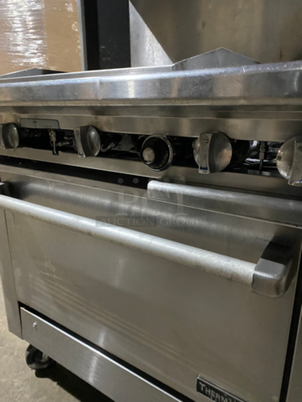 FAB! Therma Tek Commercial Natural Gas Powered Flat Top Griddle! With Right Side 2 Burners! Griddle Has Side Splashes! With Backsplash And Salamander Shelf! With Oven Underneath! Metal Oven Rack! All Stainless Steel! On Casters! - Image 10 of 11