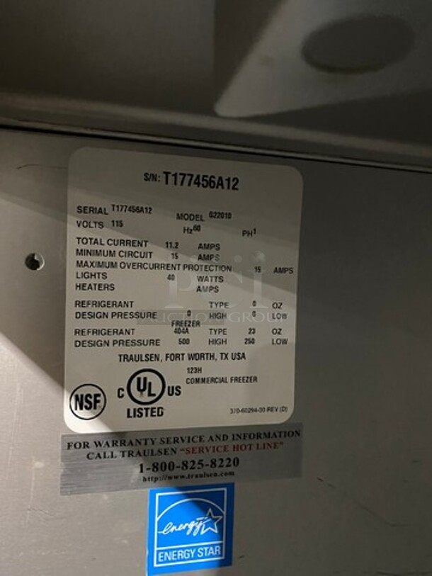 Traulsen 2 Door Reach In Freezer Unit! With Poly Coated Racks! All Stainless Steel! On Casters! Model: G22010 SN: T177456A12 115V 60HZ 1 Phase - Image 7 of 11