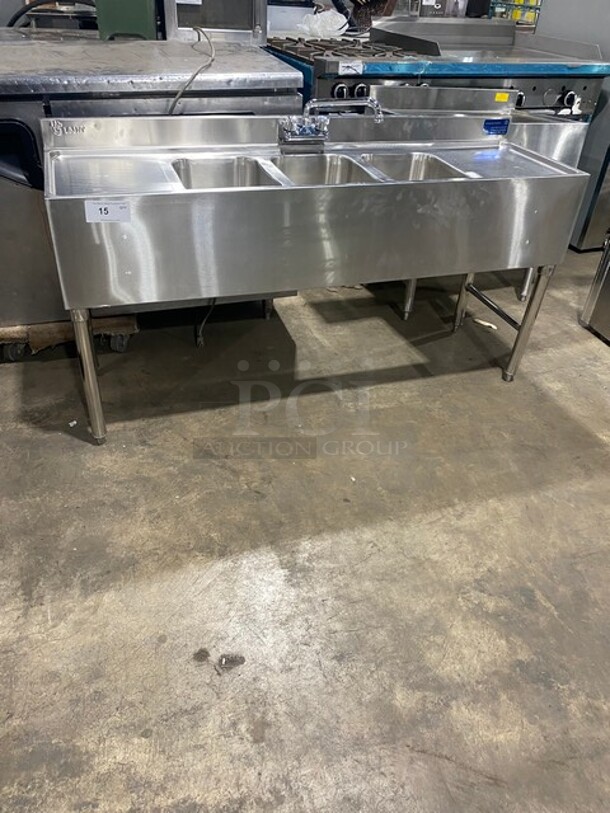 SWEET! L & J Commercial 3 Bay Bar Back Sink! With Dual Side Drain Boards! With Back Splash! With Faucets And Handles! All Stainless Steel! On Legs!