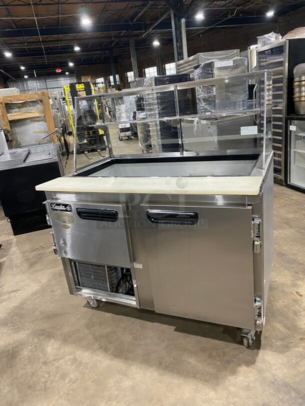 Leader Commercial Refrigerated Sandwich/Salad Prep Table! Stainless Steel! With Glass Top Display and Shelves! With 2 Door Rear Access! With Full Length Cutting Board! On Casters! 115V 1 Phase! Model: LM48 S/C SN: GX09S1105E! - Image 4 of 10