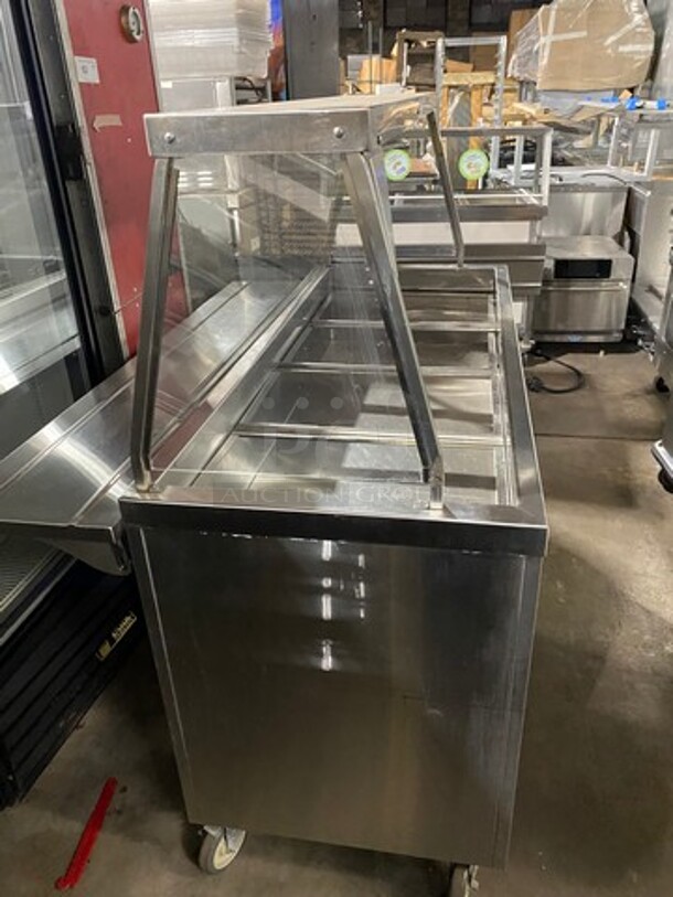 Duke Commercial Refrigerated Food Serving Station Counter/ Cold Pan! With Sneeze Guard! With Lowering Prep Line! All Stainless Steel! On Casters! MEASUREMENTS INCLUDE PREPLINE! WORKING WHEN REMOVED! - Image 4 of 11