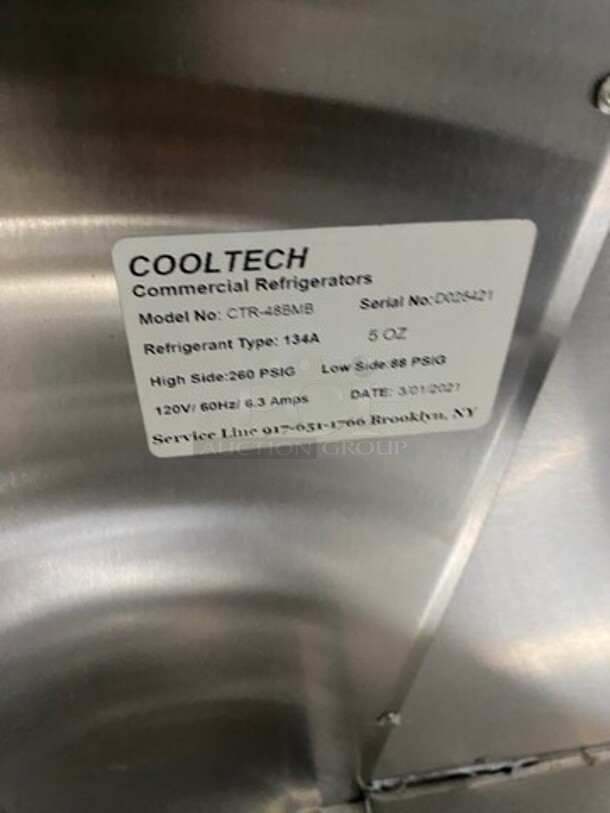 Cool Tech Commercial Refrigerated Sandwich Prep Table! With 2 Door Storage Space Underneath! All Stainless Steel! On Casters! Model: CTR48BMB SN: D025421 120V 60HZ 1 Phase - Image 7 of 9