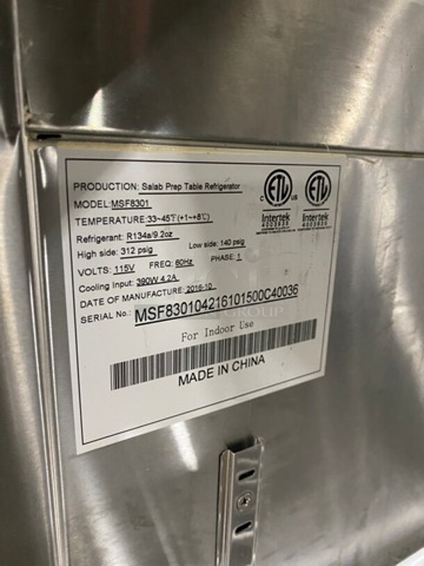 Atosa Commercial Refrigerated Sandwich Prep Table! With Commercial Cutting Board! With Single Door Storage Space! Poly Coated Rack! All Stainless Steel! On Casters! Model: MSF8301 SN: MSF830104216101500C40036 115V 60HZ 1 Phase - Image 7 of 10